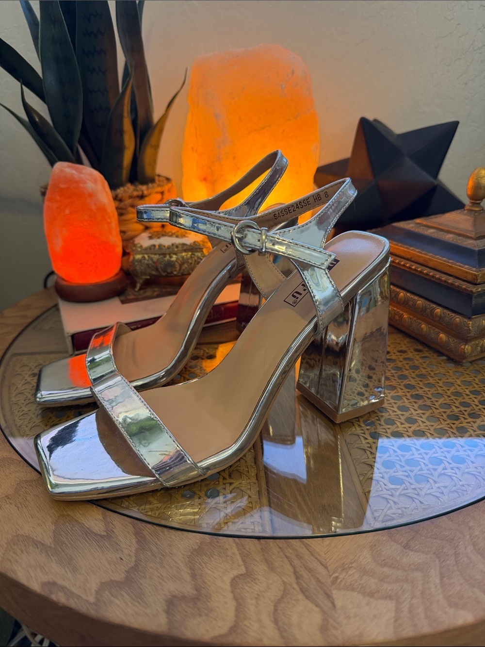 Shiny Silver Block Heel Ankle-Strap Sandals